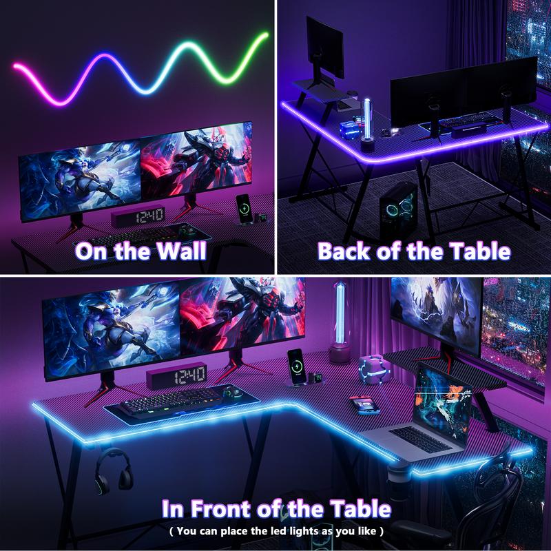 Mr IRONSTONE L Shaped Gaming Desk with Led Lights Corner Computer Desk with Carbon Fiber Surface, L shaped desk, Home Office Desks Writing Workstation with Large Monitor Stand, Easy to Assemble 51 Inch, dealsforyoudays