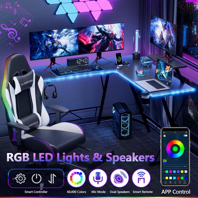 Mr IRONSTONE L Shaped Gaming Desk with Led Lights Corner Computer Desk with Carbon Fiber Surface, L shaped desk, Home Office Desks Writing Workstation with Large Monitor Stand, Easy to Assemble 51 Inch, dealsforyoudays