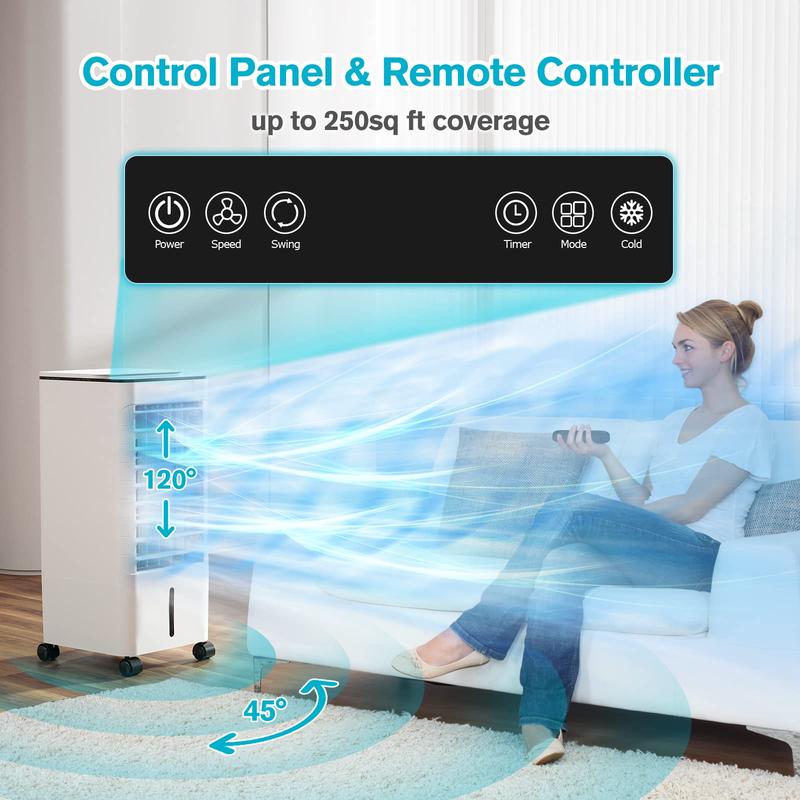 Portable Air Conditioners Fan, 3-IN-1 Evaporative Air Cooler Standing Fans with Remote, 3 Modes 3 Speeds &12H Timer, 1.16Gal Portable AC, 4 Ice Packs & 4 Wheels, 45° Oscillation, Quiet Swamp Cooler for Room Home Bedroom Office Energy Saving Cooling F