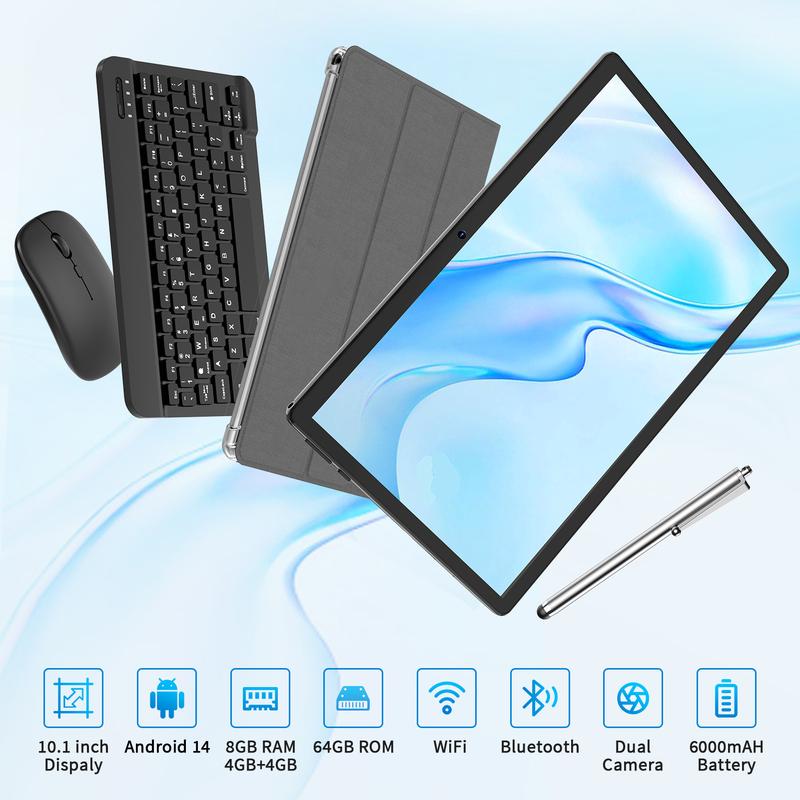 Tablet 10.1 Inch Android 14, 2 in 1 Portable Device with Keyboard, Mouse, Case, Stylus, 8(4+4)GB RAM 64GB ROM, Dual Camera, for Gift
