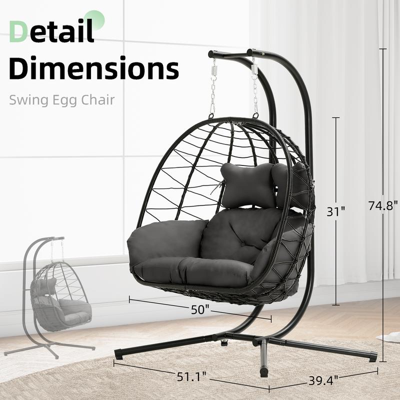 RIWENGO Double Hanging Egg Chair with Cushion, 700lbs Capacity - Foldable Patio Chair with Handwoven PE Wicker & Rust-Proof Frame, for Garden, Porch, Backyard