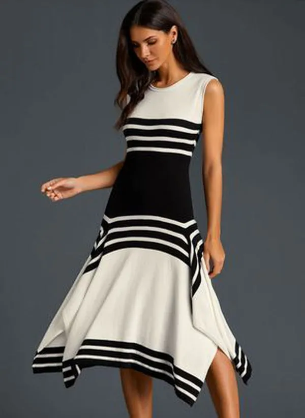 Striped Black  White Color Block Asymmetrical High Neck Dress