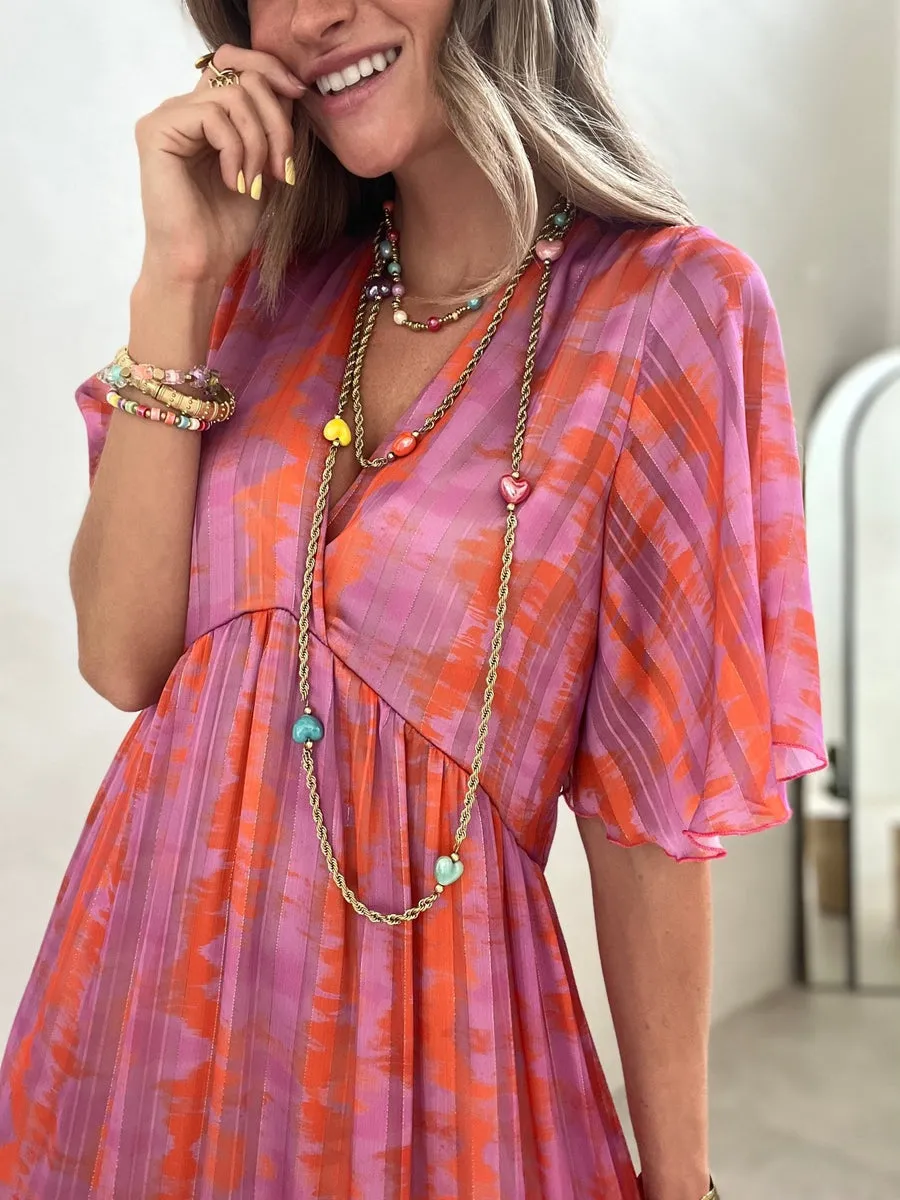 Pink Orange Watercolor Print Tiered Maxi Dress