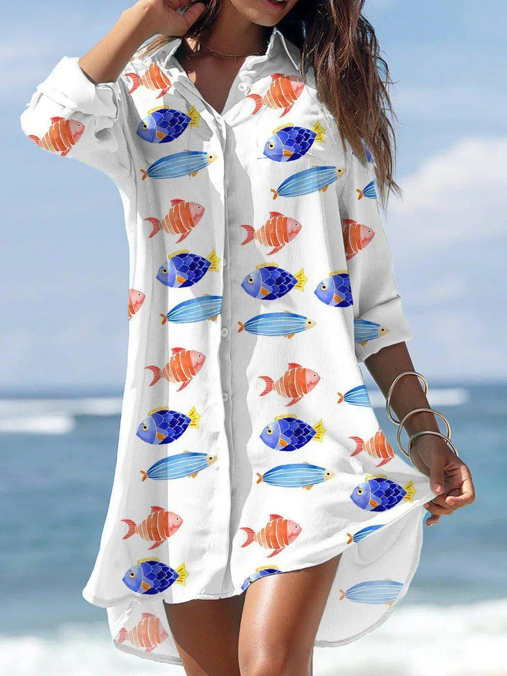 Aquatic Fish 3/4 Sleeve Button Front Mini Dress