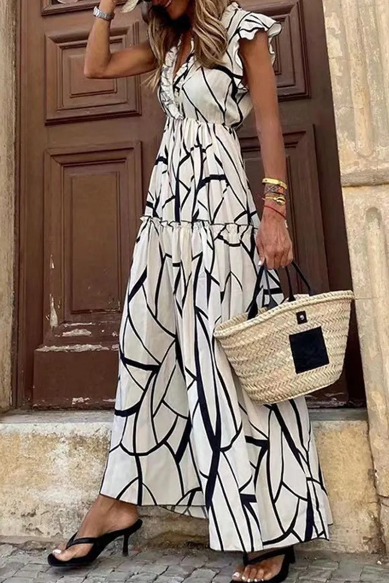 Vintage Short Sleeve Print Maxi Dress