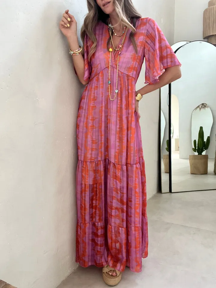 Pink Orange Watercolor Print Tiered Maxi Dress