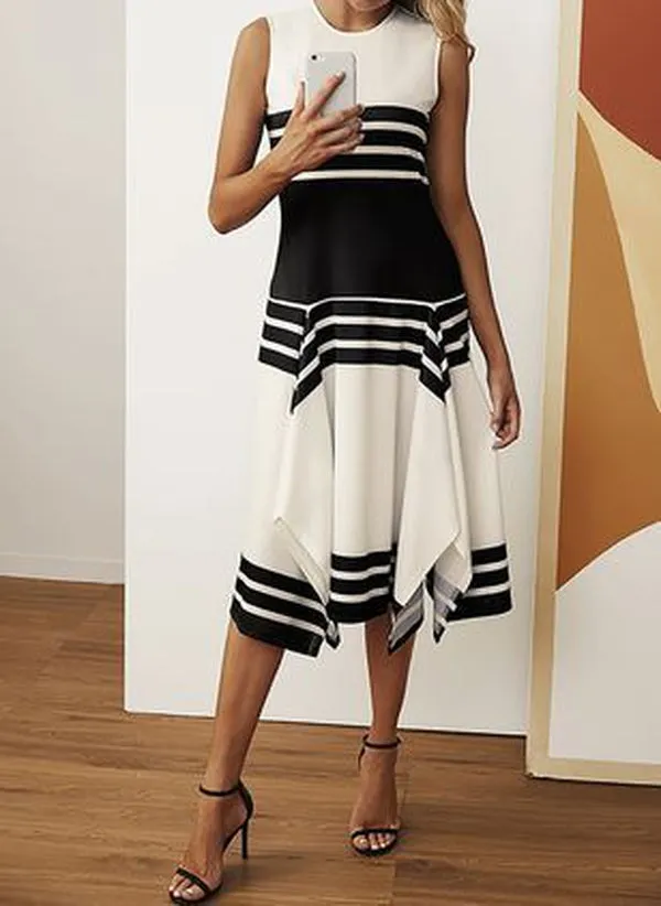 Striped Black  White Color Block Asymmetrical High Neck Dress