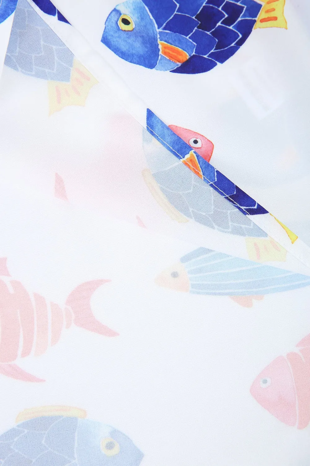 Aquatic Fish 3/4 Sleeve Button Front Mini Dress