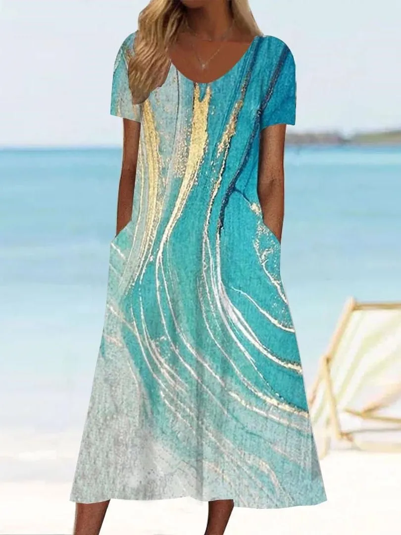 Attractive Short Sleeve Print Midi Dress