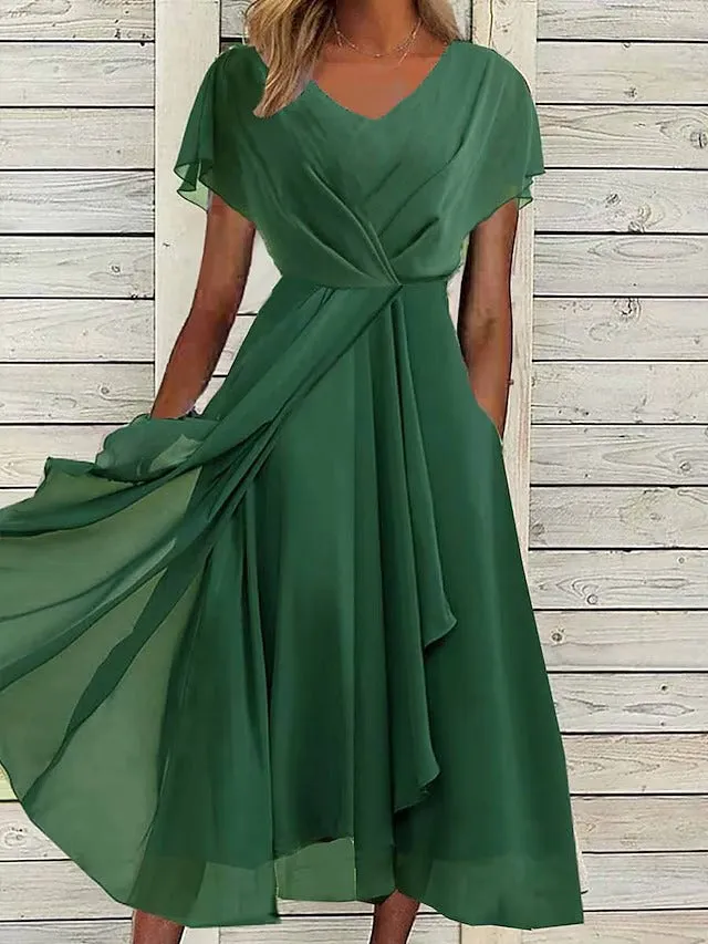 Jeweled Green Pleated Front Slit Midi Dress