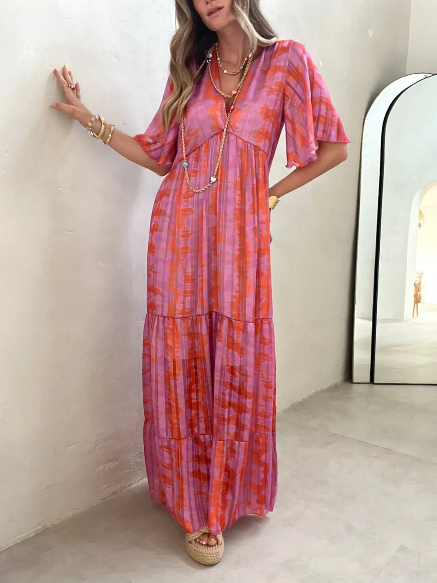 Pink Orange Watercolor Print Tiered Maxi Dress