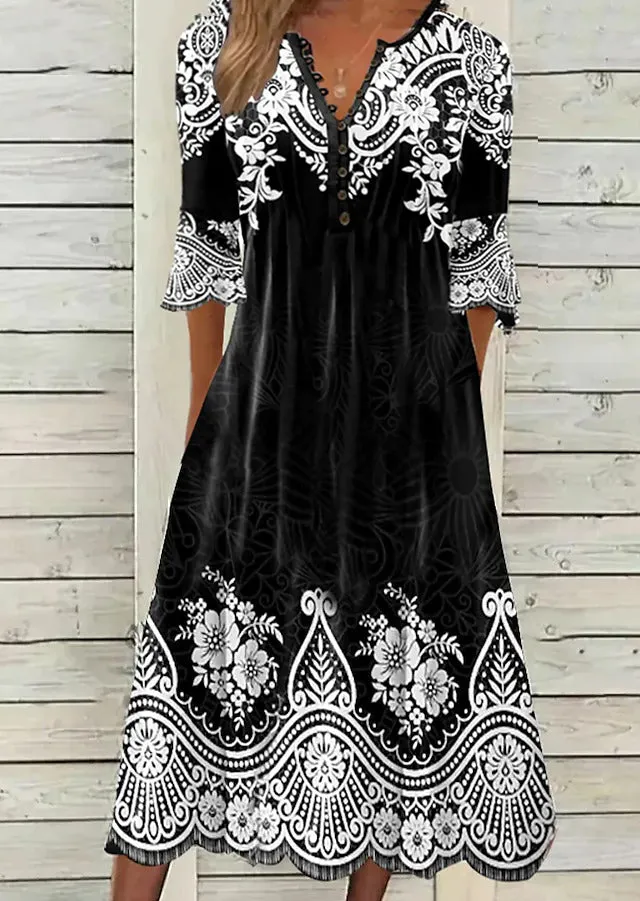 Black and White Lace Print Side Pocket Midi Dress