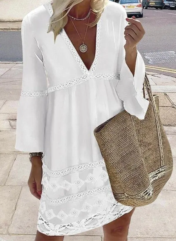 Fresh White Long Sleeve V-Neck Eyelet Mini Dress