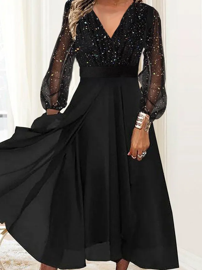 Cool Black Print Long Sleeve Midi Dress