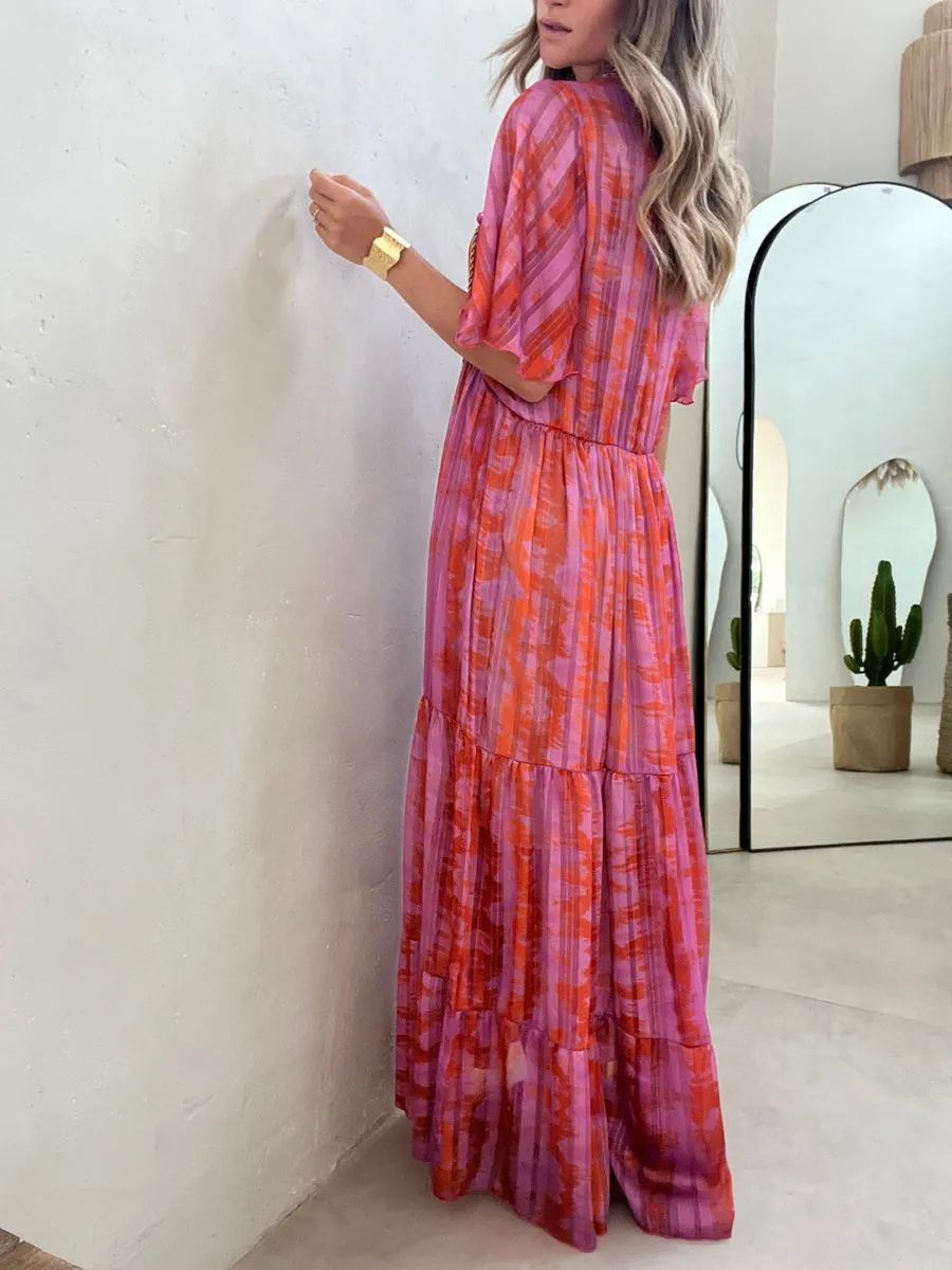 Pink Orange Watercolor Print Tiered Maxi Dress