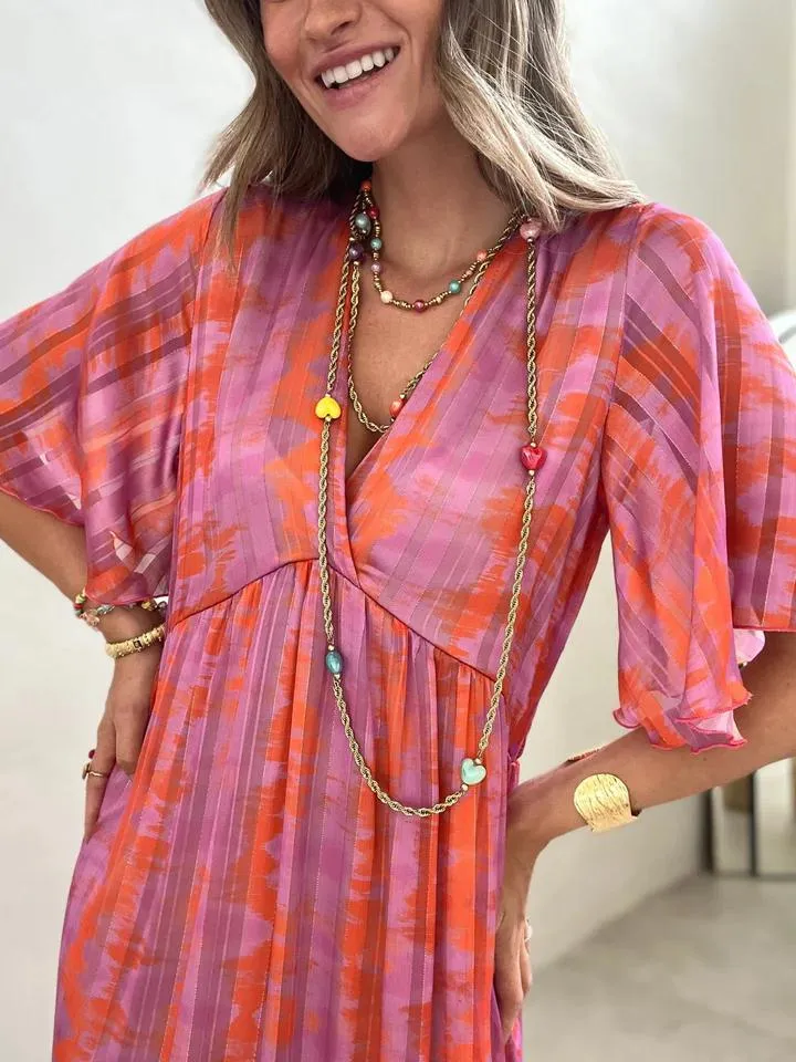 Pink Orange Watercolor Print Tiered Maxi Dress