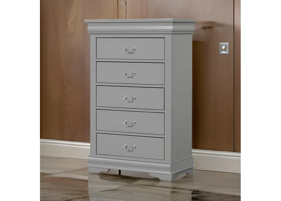 Ryla Tall Dresser Chest, 5 Drawers, Metal Handles, Light Gray Solid Wood