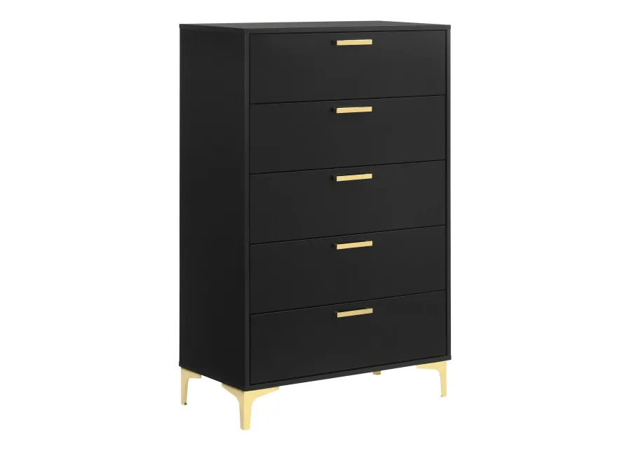 Lif 50 Inch Modern 5 Drawer Tall Dresser Chest, Gold Accents, Smooth Black-Benzara