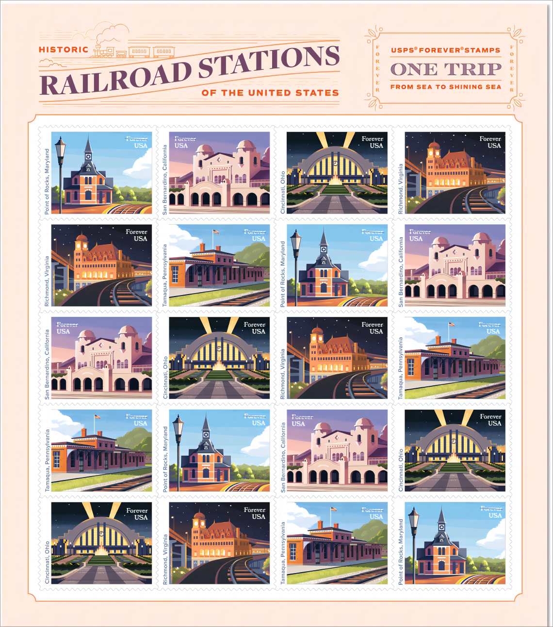 5758-62 - 2023 First-Class Forever Stamps - Historic Railroad Stations -  Mystic Stamp Company