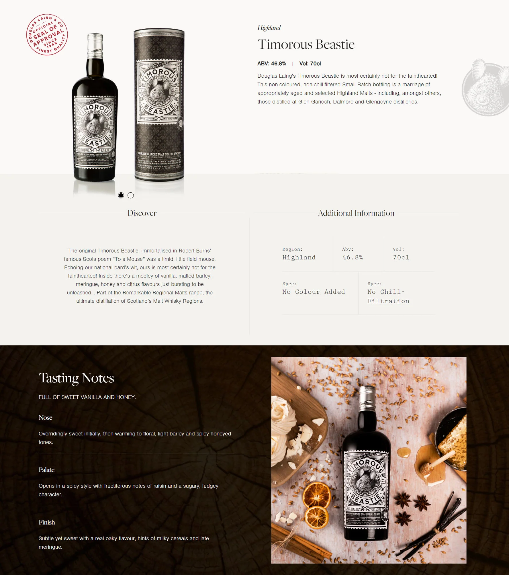 Douglas Laing's Timorous Beastie Highland Blended Malt Scotch Whisky ABV 46.8% 70cl With Gift Box