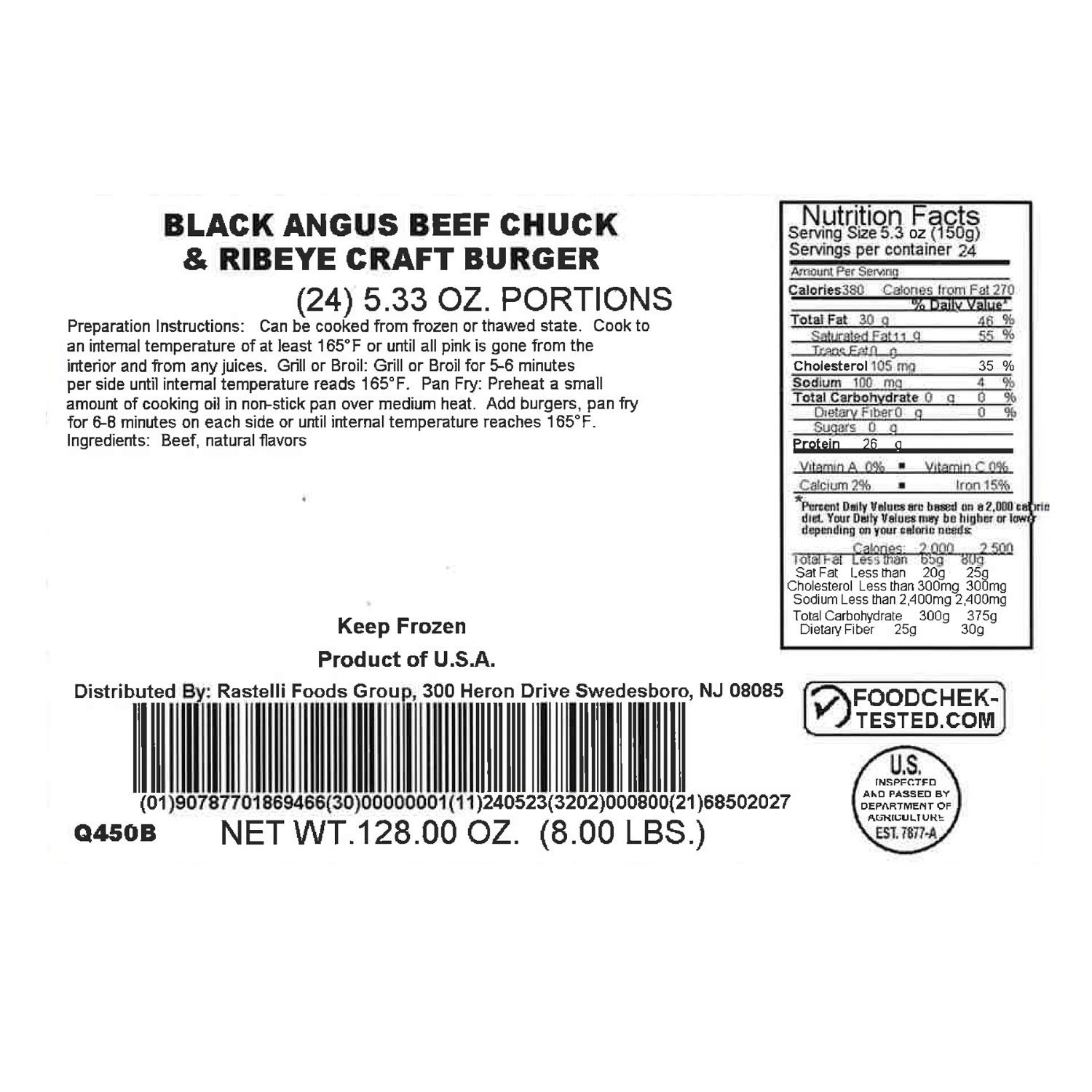 Rastelli's Angus Beef Chuck and Ribeye Craft Burger, Frozen, 5.33 oz., 24 ct.