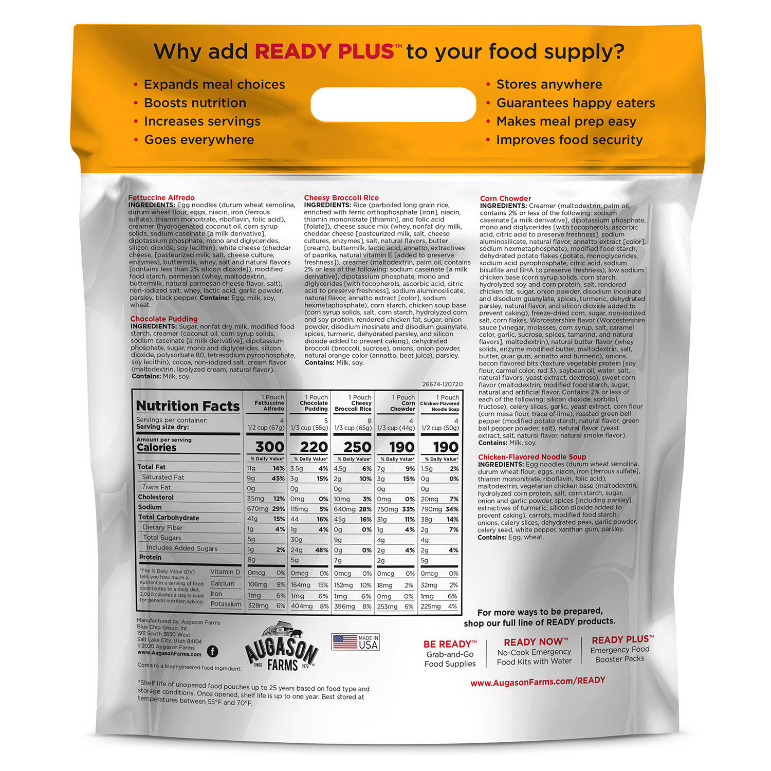 Augason Farms Ready Plus Lunch & Dinner Emergency Food Supply, 50.98 oz.