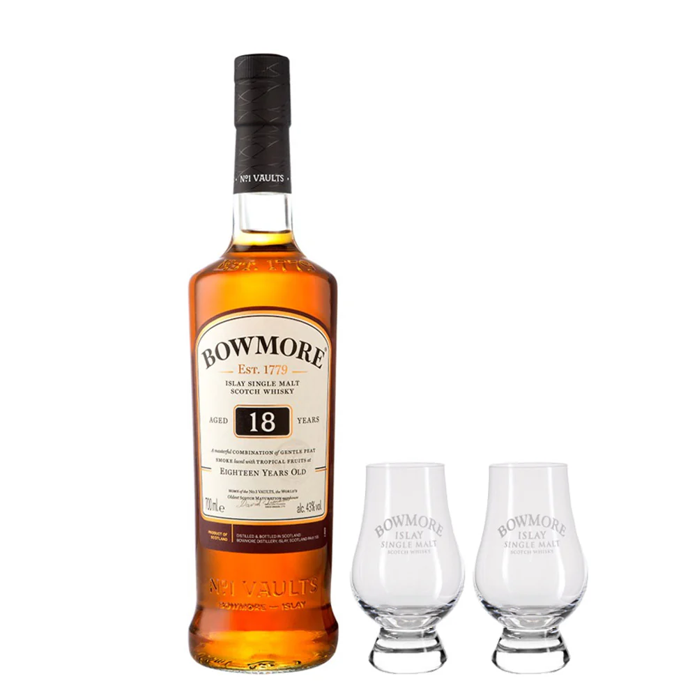 Bowmore 18 Years old Scotch Whisky ABV 40% 70cl FREE 2 Whisky Glass (No Box)