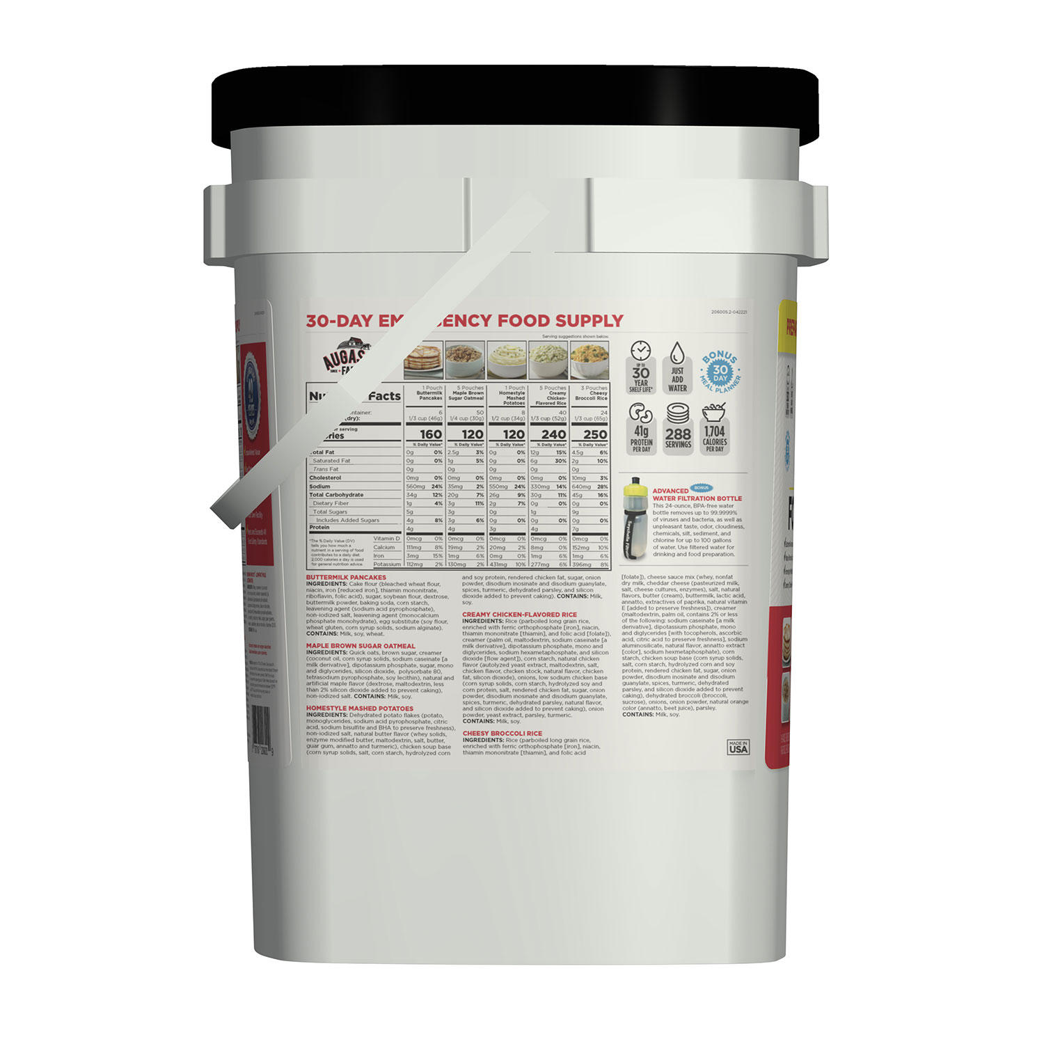 Augason Farms Emergency Food Supply Pail with Water Filtration Bottle 1 person, 30 days