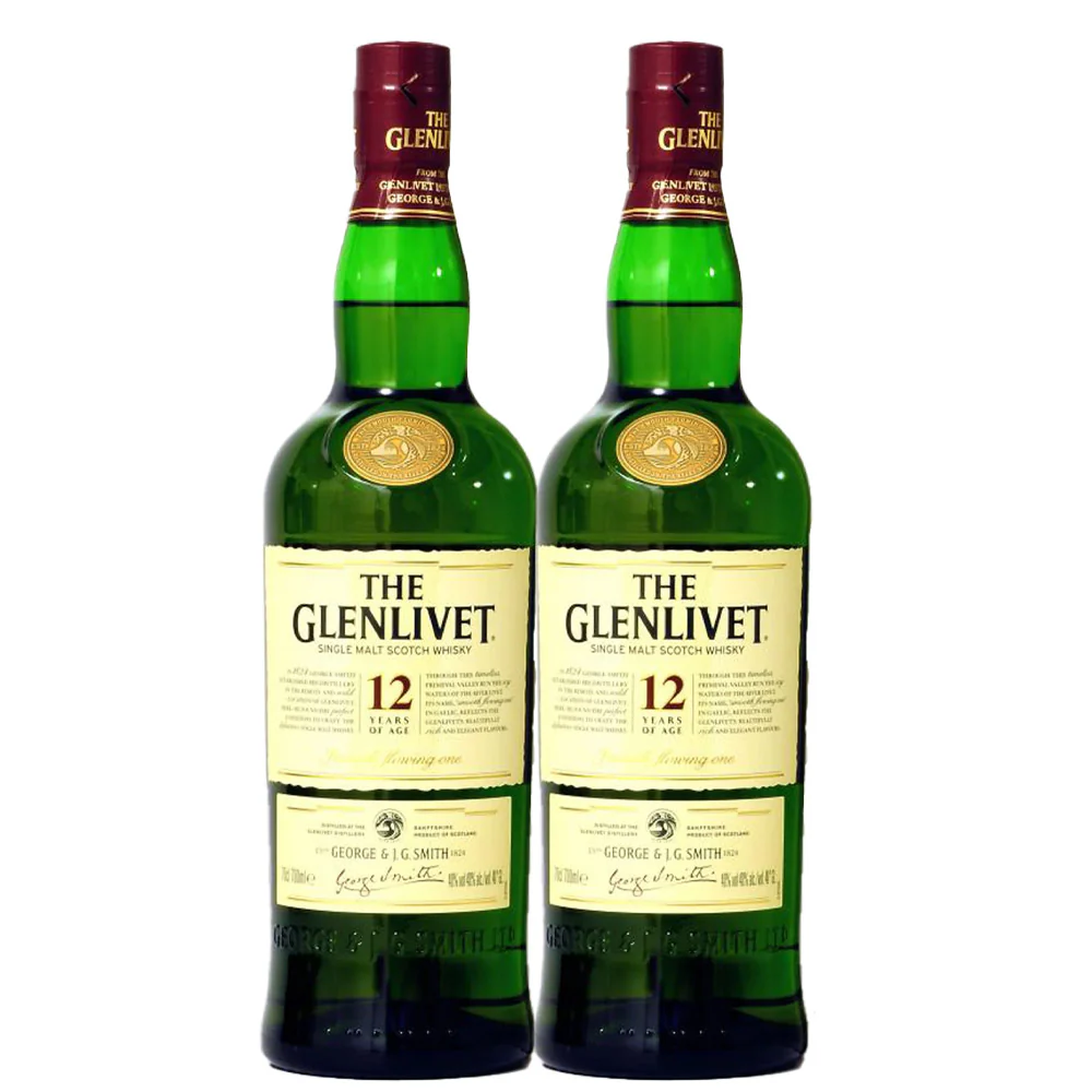 Glenlivet 12 Year Old Single Malt Scotch Whisky 750ml ABV 43% (Bundle of 2 Bottles Agent Stock, Old Design - No Box)