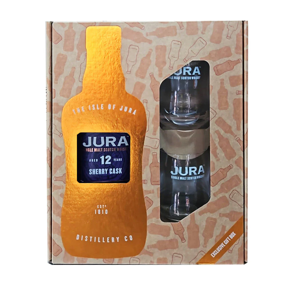 Jura 12 Year Old Sherry Cask Single Malt Whisky with 2 Whisky Glasses Gift Set
