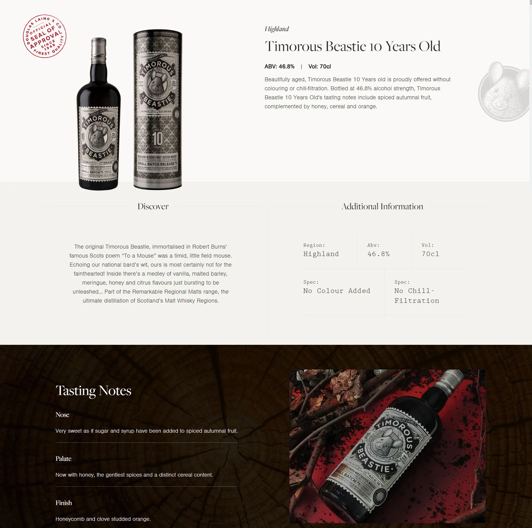 Douglas Laing's Timorous Beastie 10 Years Old Highland Blended Malt Scotch Whisky ABV 46.8% 70cl With Gift Box