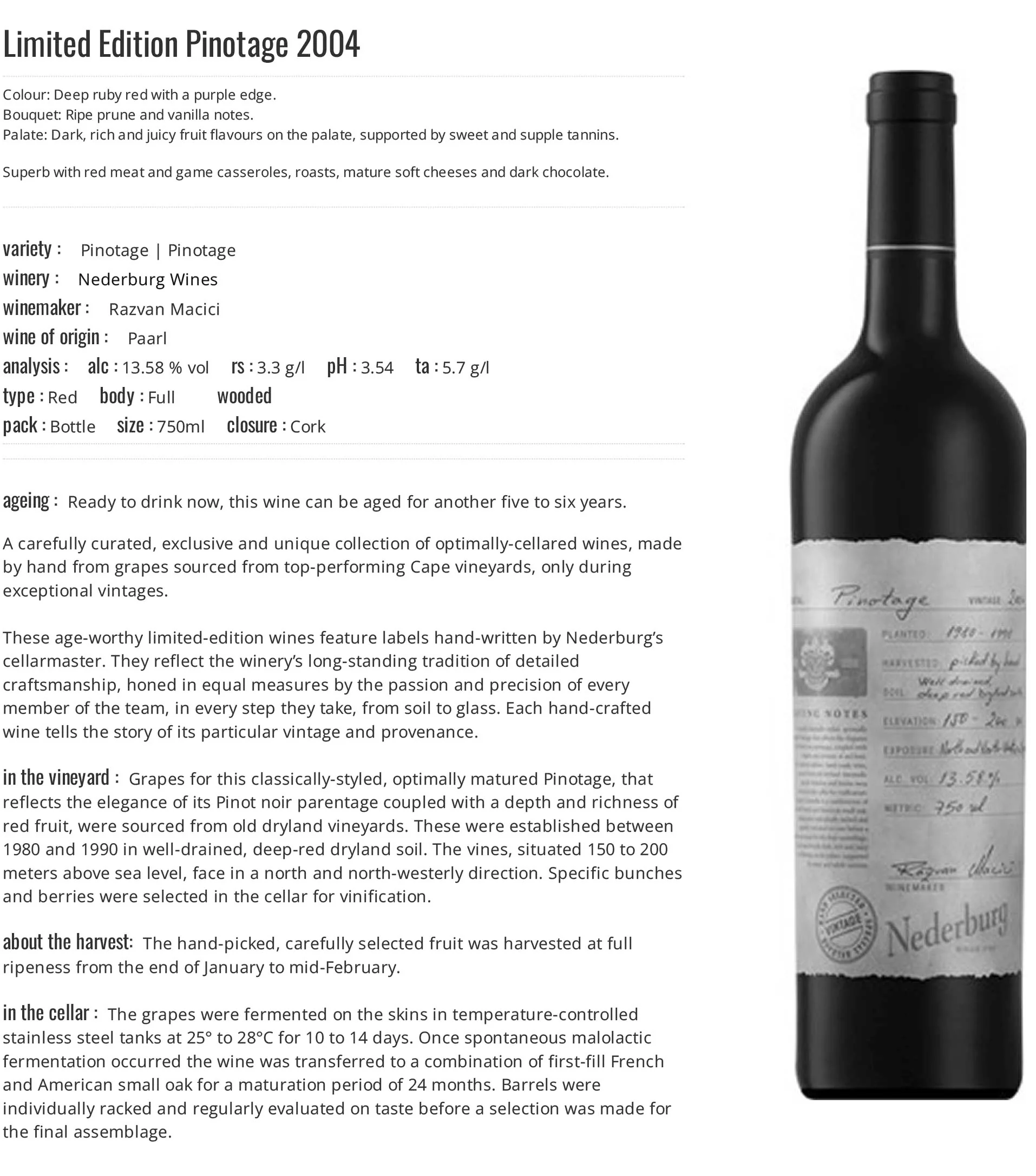Nederburg Vintage Pinotage 2004 750ml ABV 13.5% (1 for $125, 2 for $200)