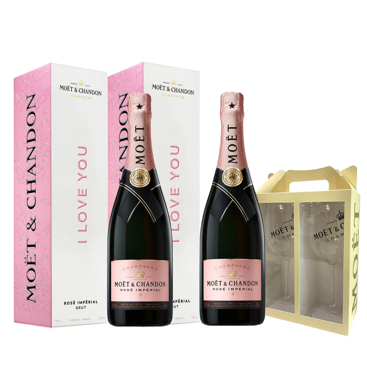 Moet & Chandon Rose Imperial I Love You Gift Box 750ml x 2 Bottles + Free 2 Acrylic Glasses