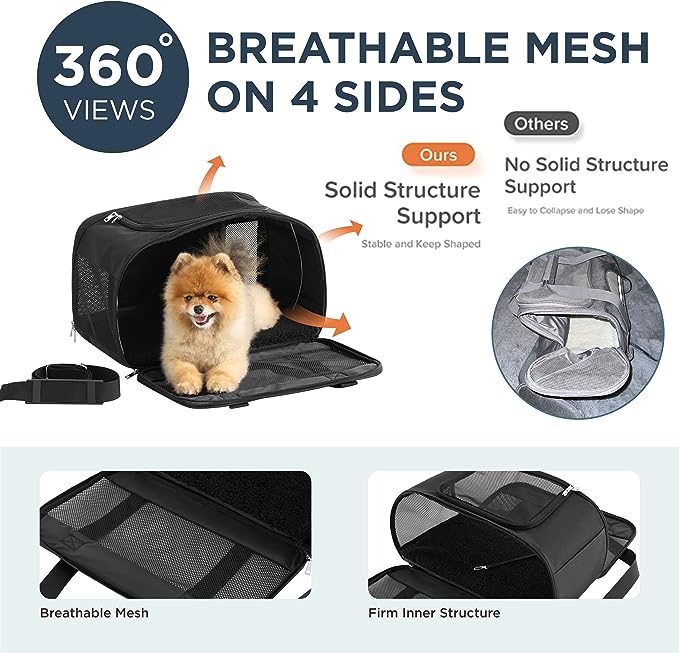 Lesure Cat Dog Carrier Airline Approved - Dog Carrier for Small Dogs Collapsible Soft Side TSA Approved Travel Pet Carrier for Car, Grey, 17.5x11x11