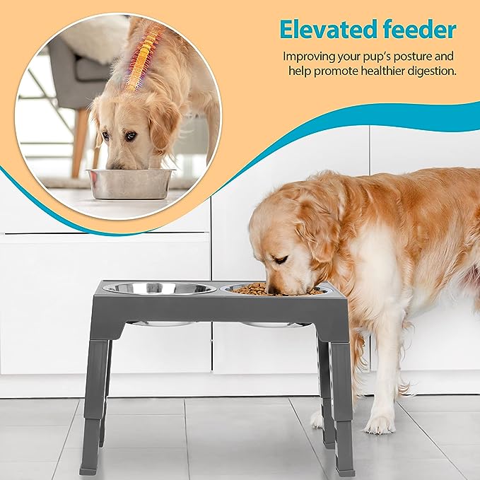 Niubya Elevated Dog Bowls with 2 Stainless Steel Dog Food Bowls, Raised Dog Bowl Adjusts to 5 Heights (3.15