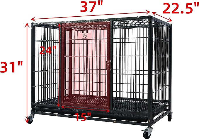 Homey Pet 37 inch Heavy Duty Dog Crate, Extra Strong Dog Cage for Medium Dog, Indoor High Anxiety Double Door Dog Crate on Wheels with Removable Tray