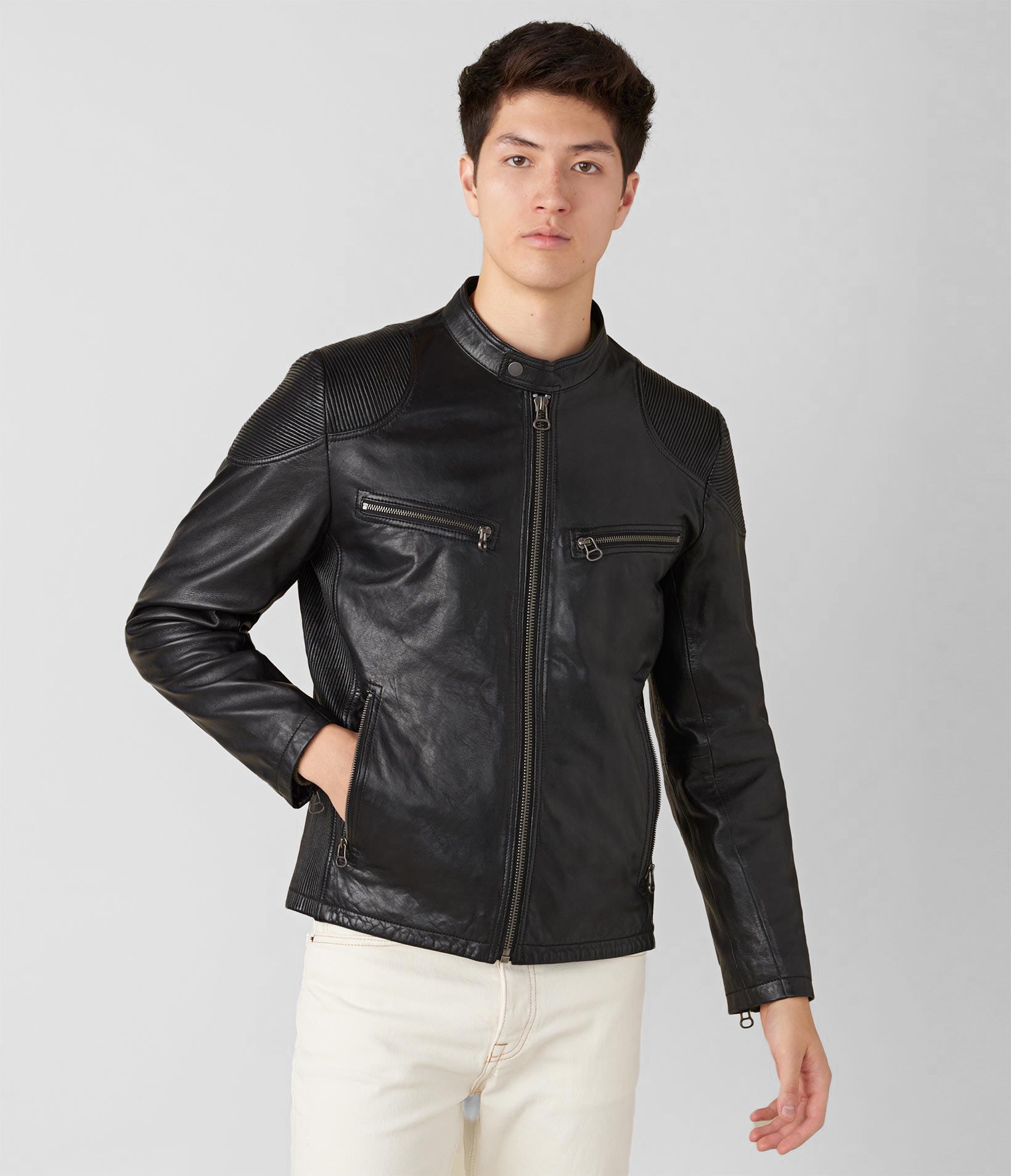 Drew Genuine Leather Jacket With Accordian Shoulder