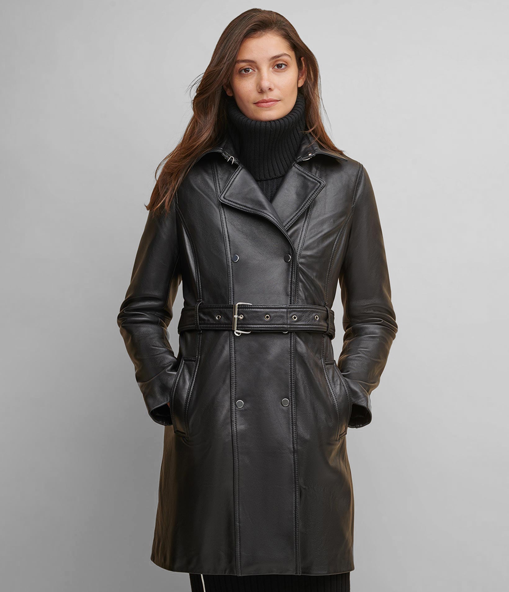 Classic Leather Belted Trench Coat