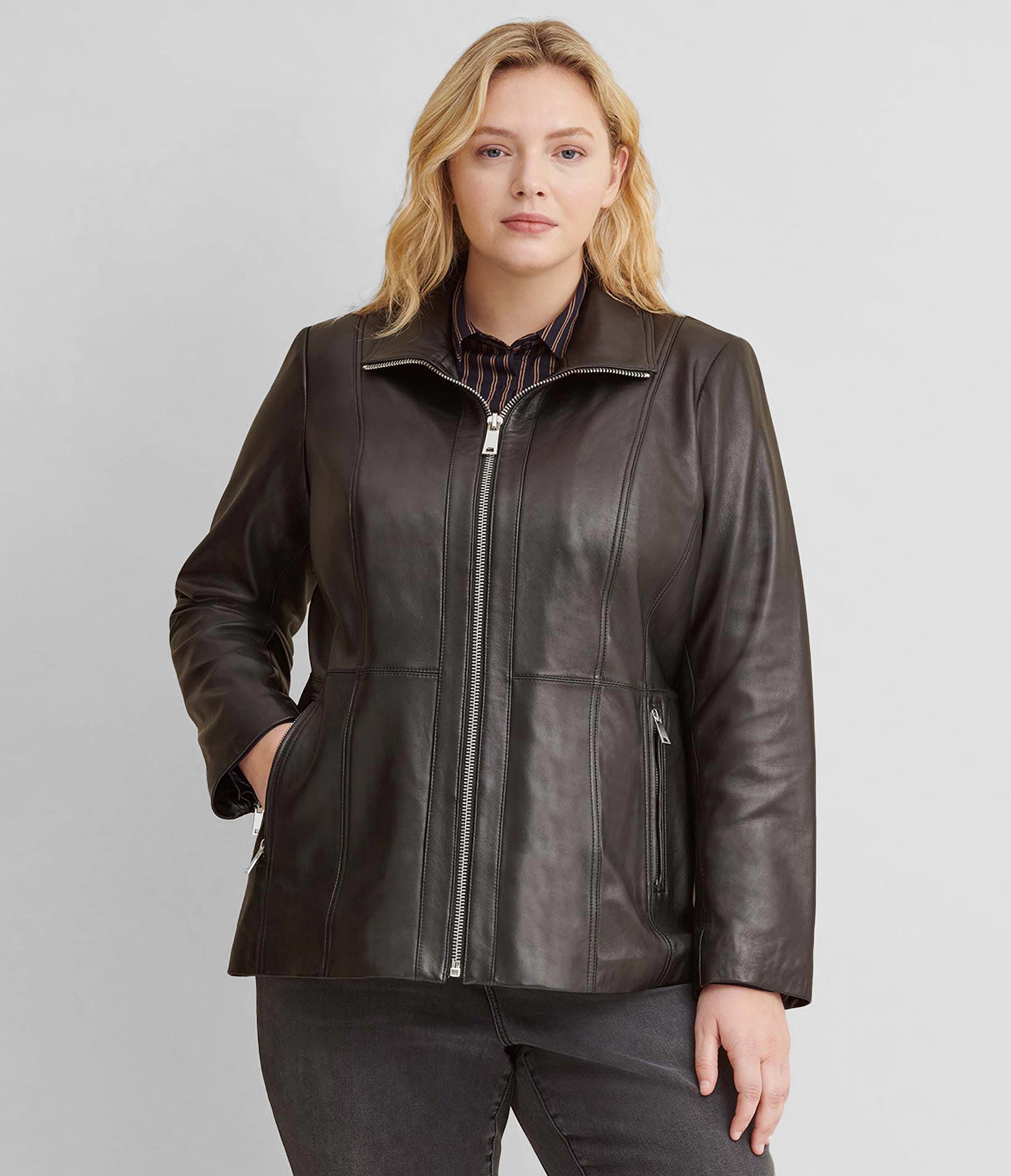 Plus Size Convertible Collar Leather Jacket