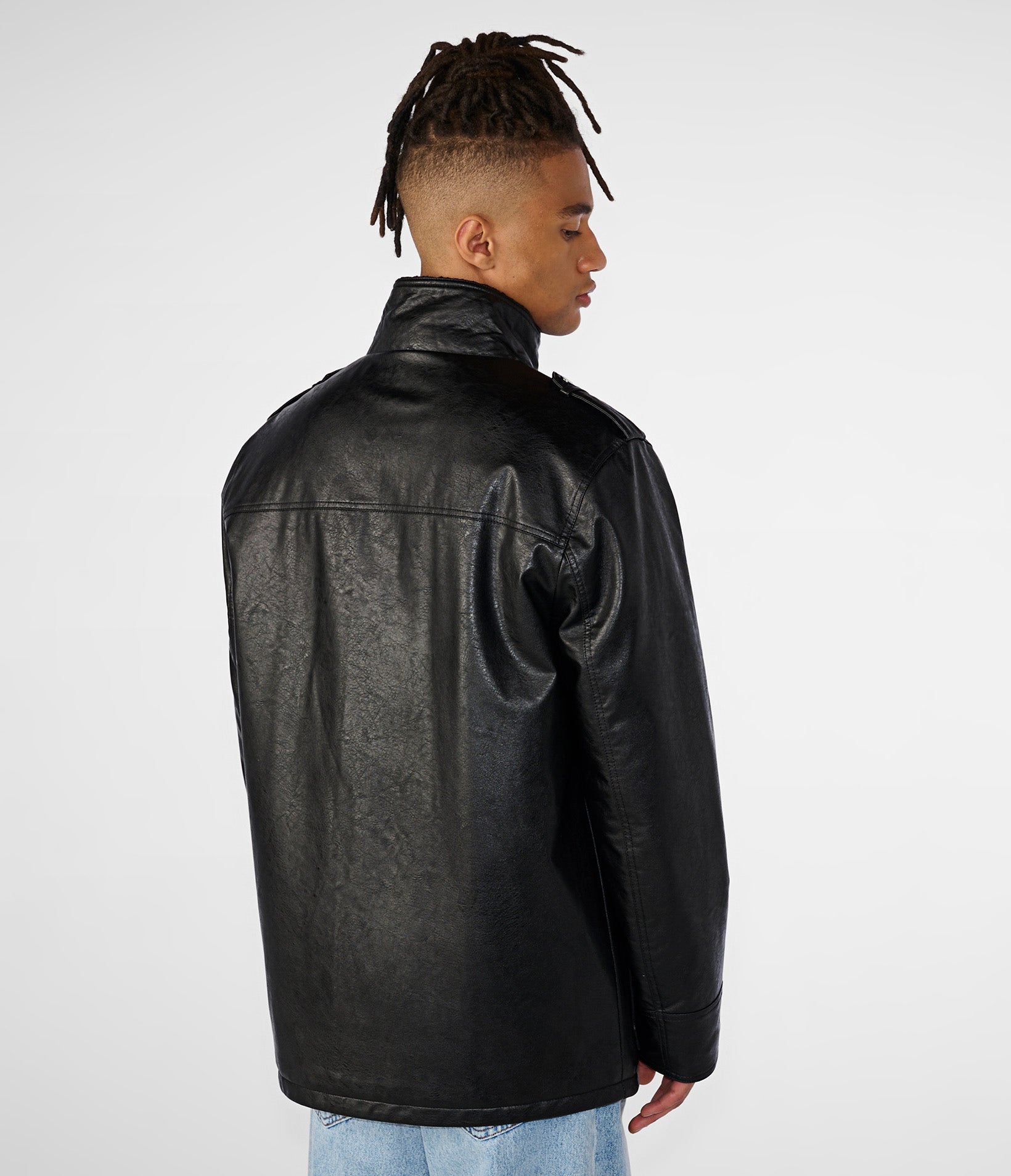 Four-Pocket Faux Leather Jacket with Sherpa Collar Detail