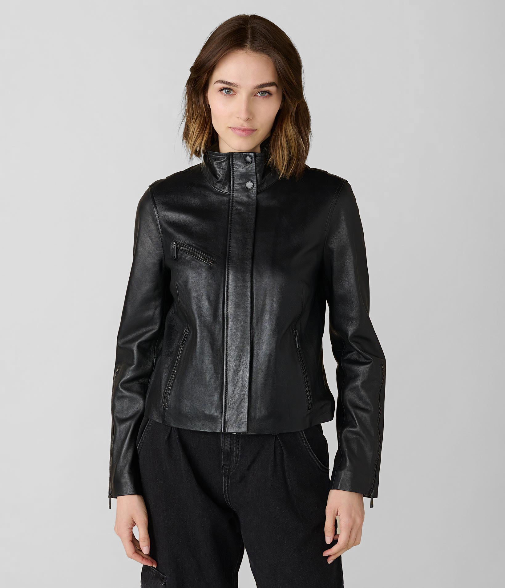 Button Neck Leather Jacket