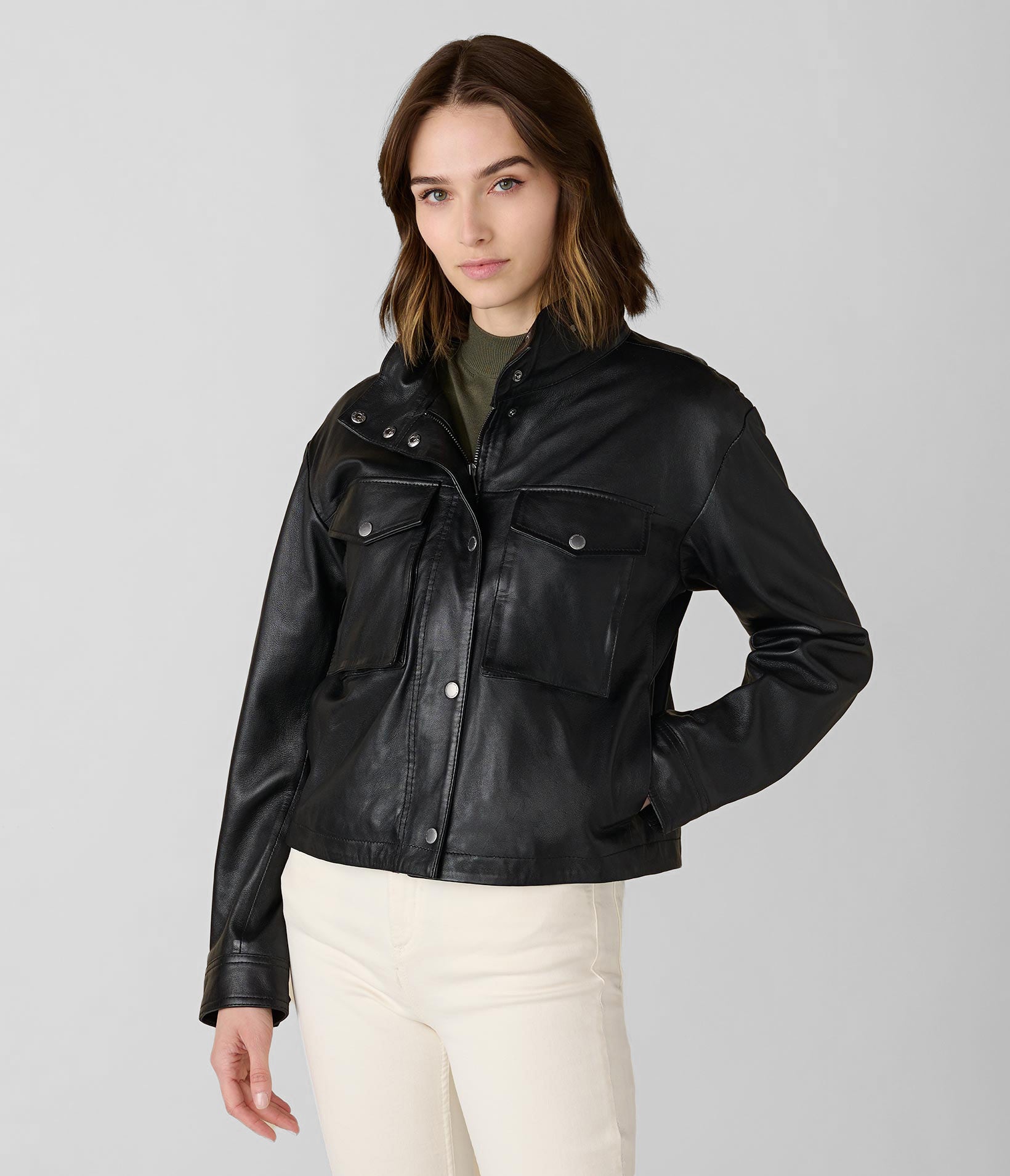 Button Neck Leather Jacket