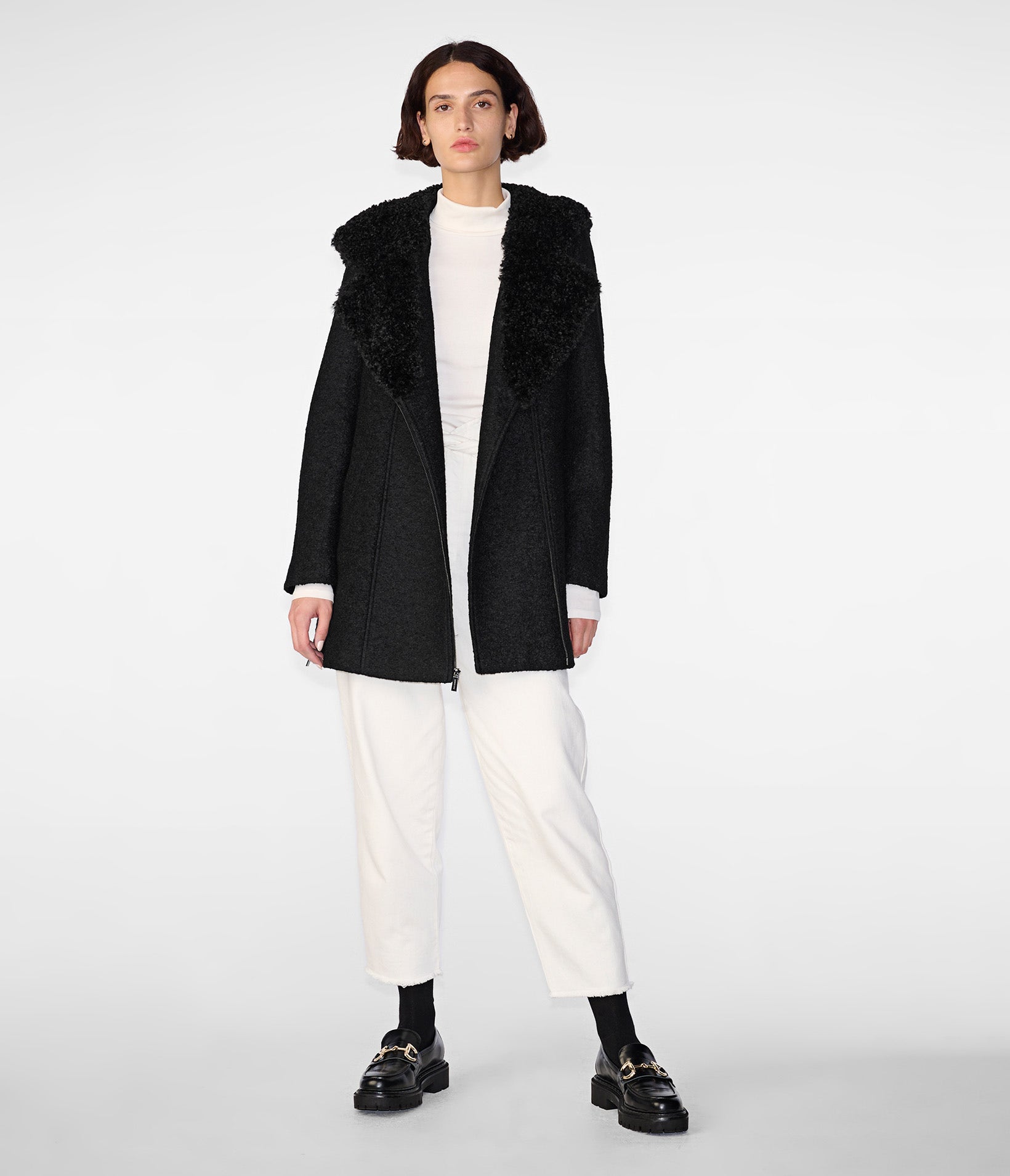 Wool Boucle Coat with Fur Lined Hood