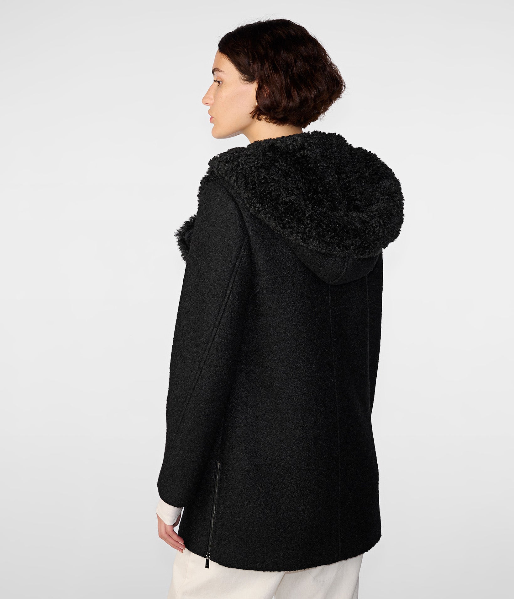 Wool Boucle Coat with Fur Lined Hood