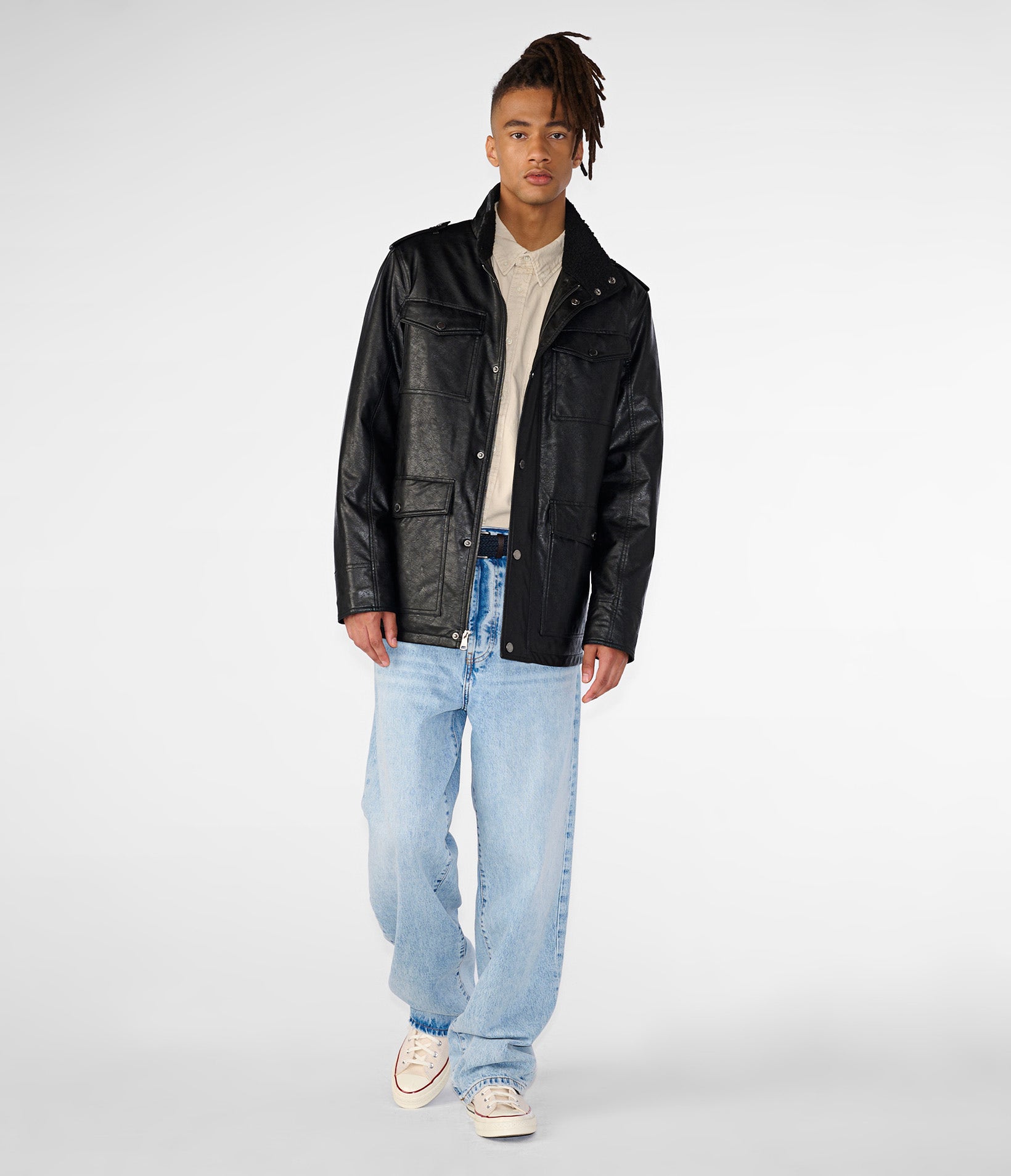 Four-Pocket Faux Leather Jacket with Sherpa Collar Detail