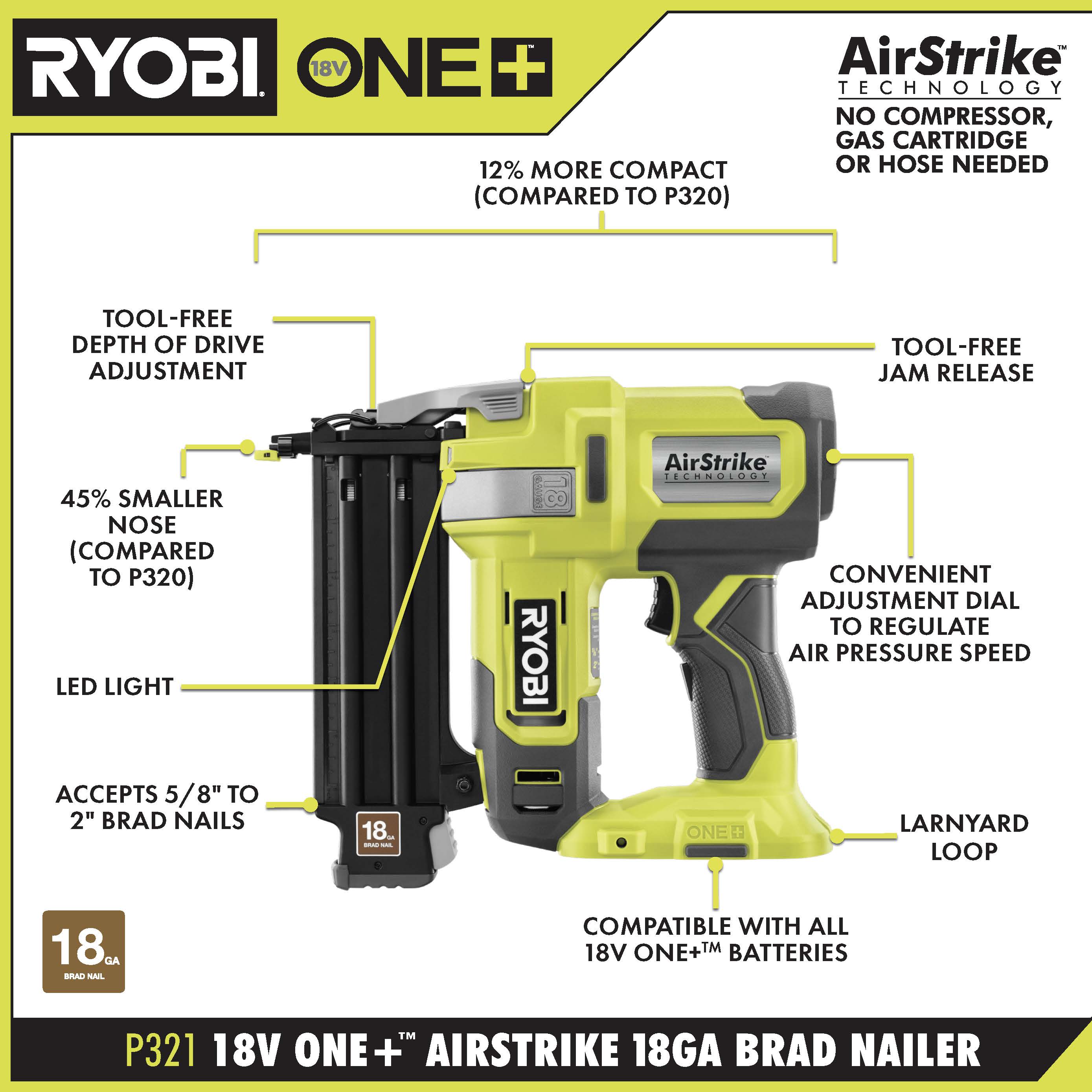 18V ONE+ AirStrike 18GA Brad Nailer
