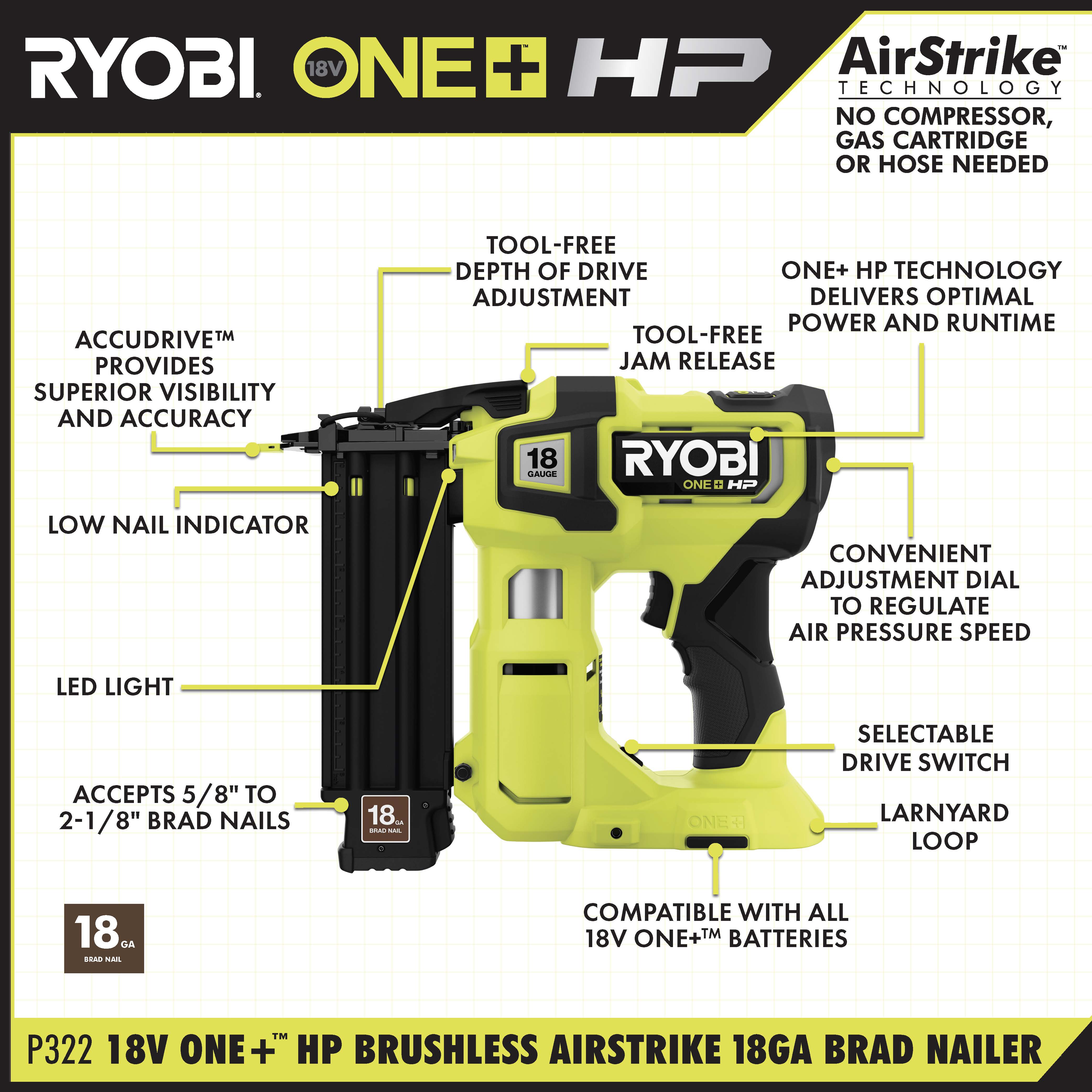 18V ONE+ HP BRUSHLESS AIRSTRIKE 18GA BRAD NAILER KIT