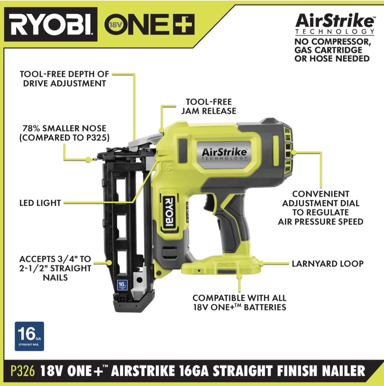 18V ONE+ AIRSTRIKE 16GA FINISH NAILER KIT