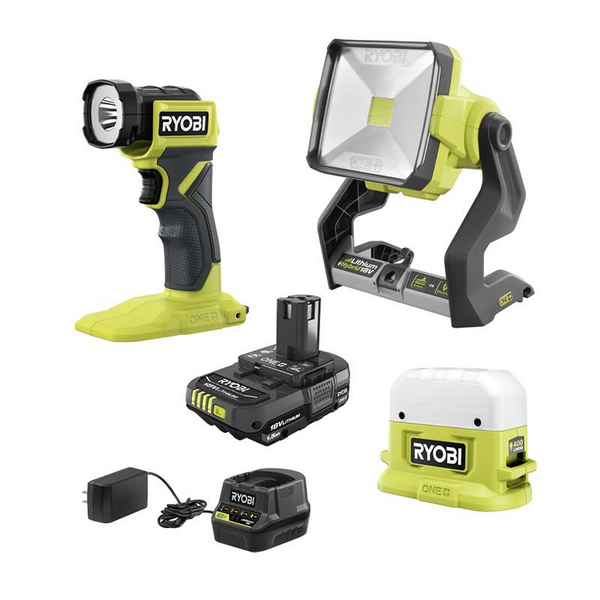 ONE+ 18V Cordless 3-Tool Lighting Kit with Work Light, Compact Area Light, LED Light, 1.5 Ah Battery, and Charger