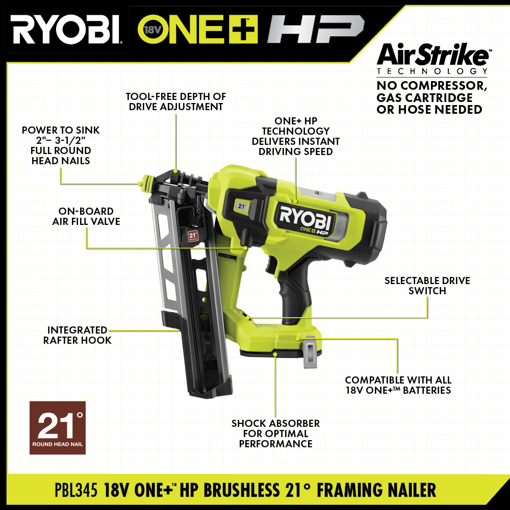 18V ONE+ HP Brushless AirStrike 21° Framing Nailer